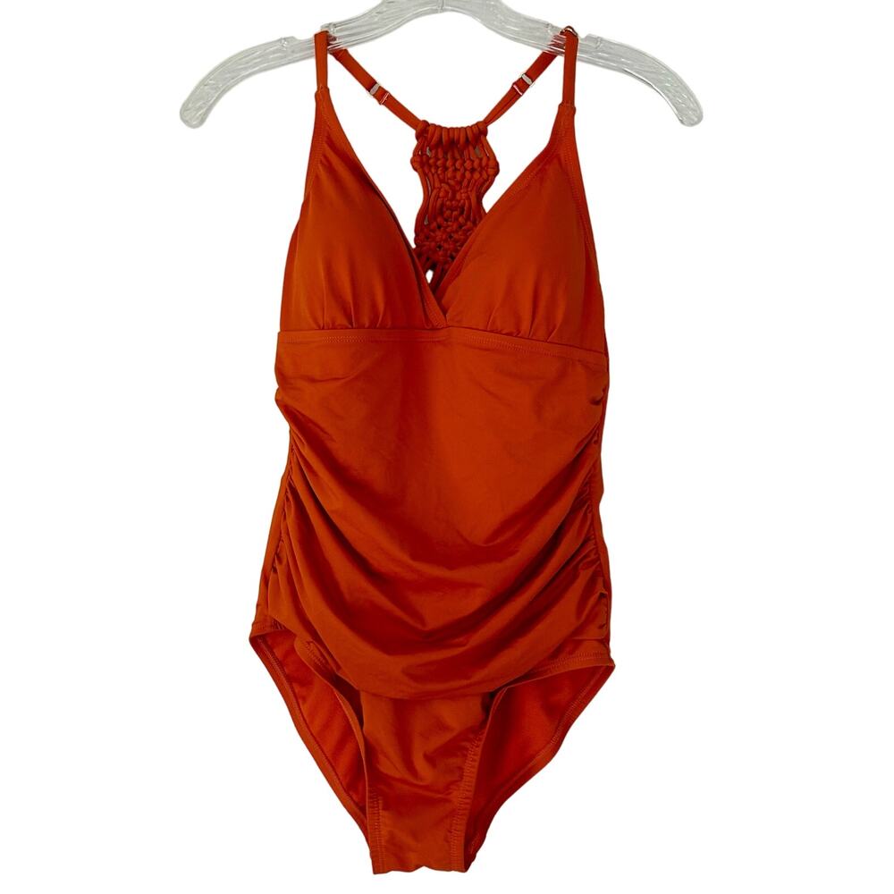 Firpearl Orange One Piece Swimsuit Macramé Racerback Ruched Tummy Control 8